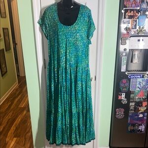 Soft Surroundings Green Floral Mariana Tiered Maxi Dress Cap Sleeve Boho Size 3X